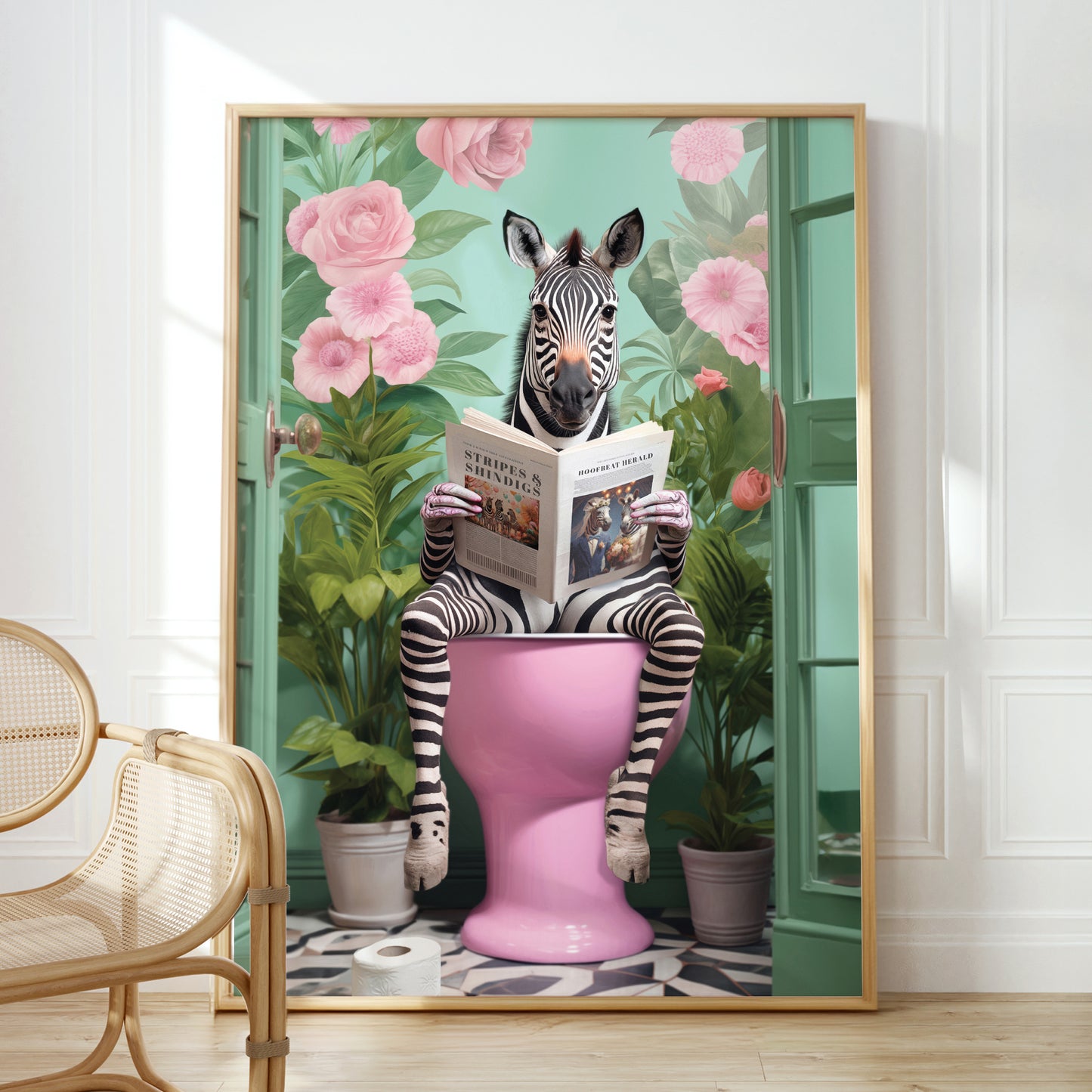 a picture of a zebra sitting on a toilet reading a magazine