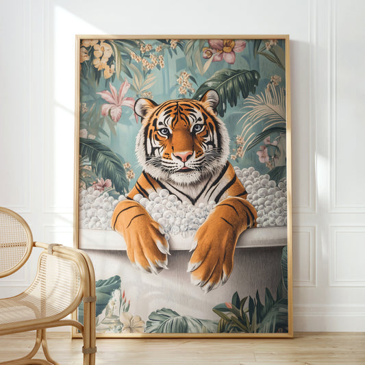 a painting of a tiger sitting in a bathtub