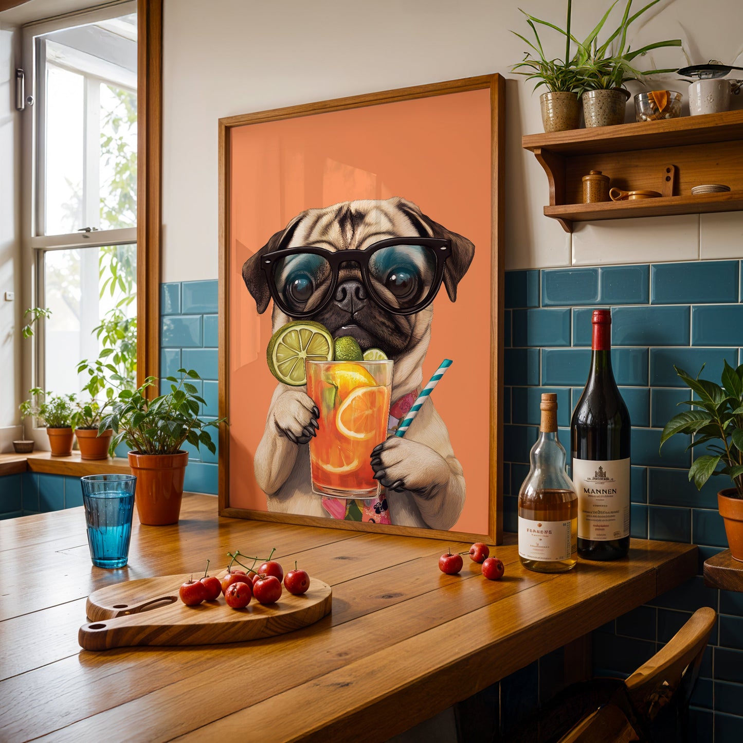 a painting of a pug holding a glass of orange juice