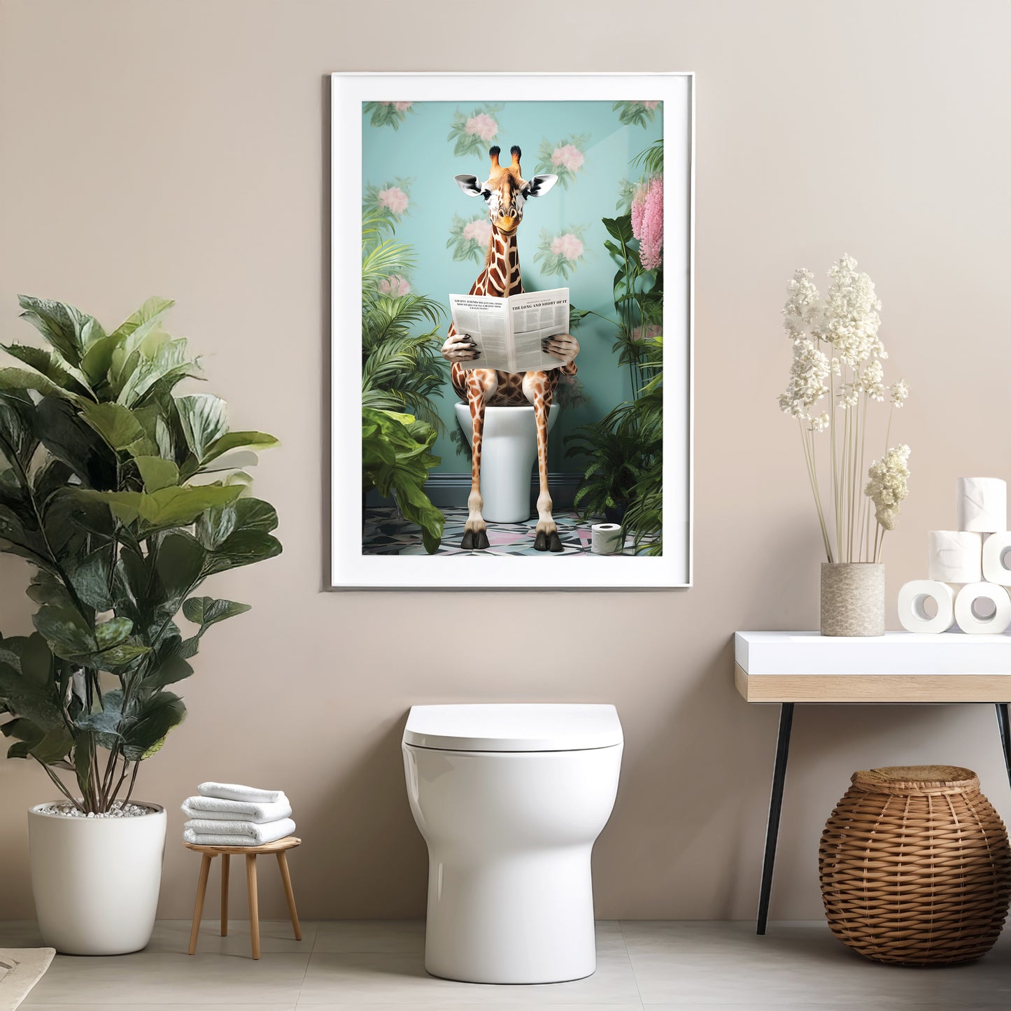 Giraffe on Toilet Bathroom Print