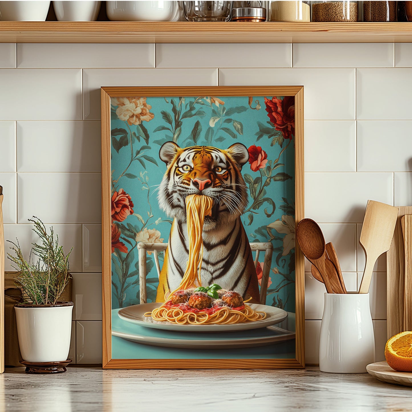 Tiger Eating Spaghetti Kitchen Print