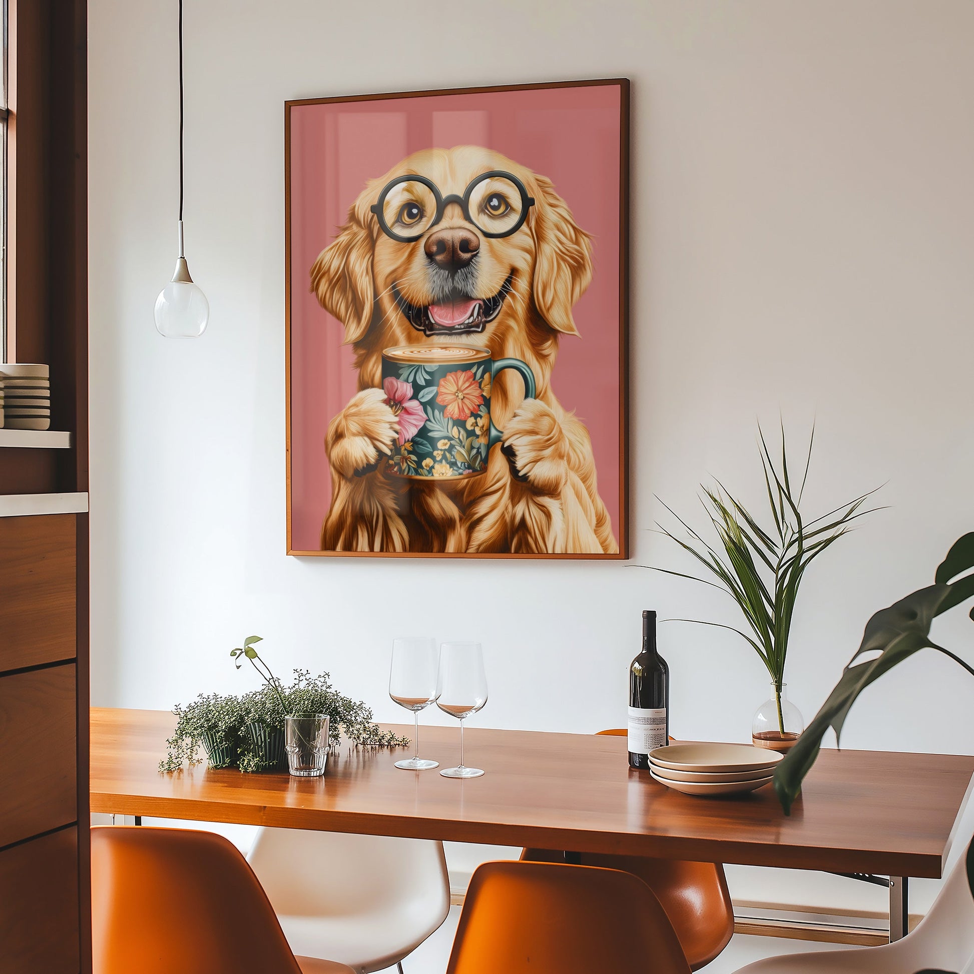 a painting of a dog with glasses holding a cup of coffee