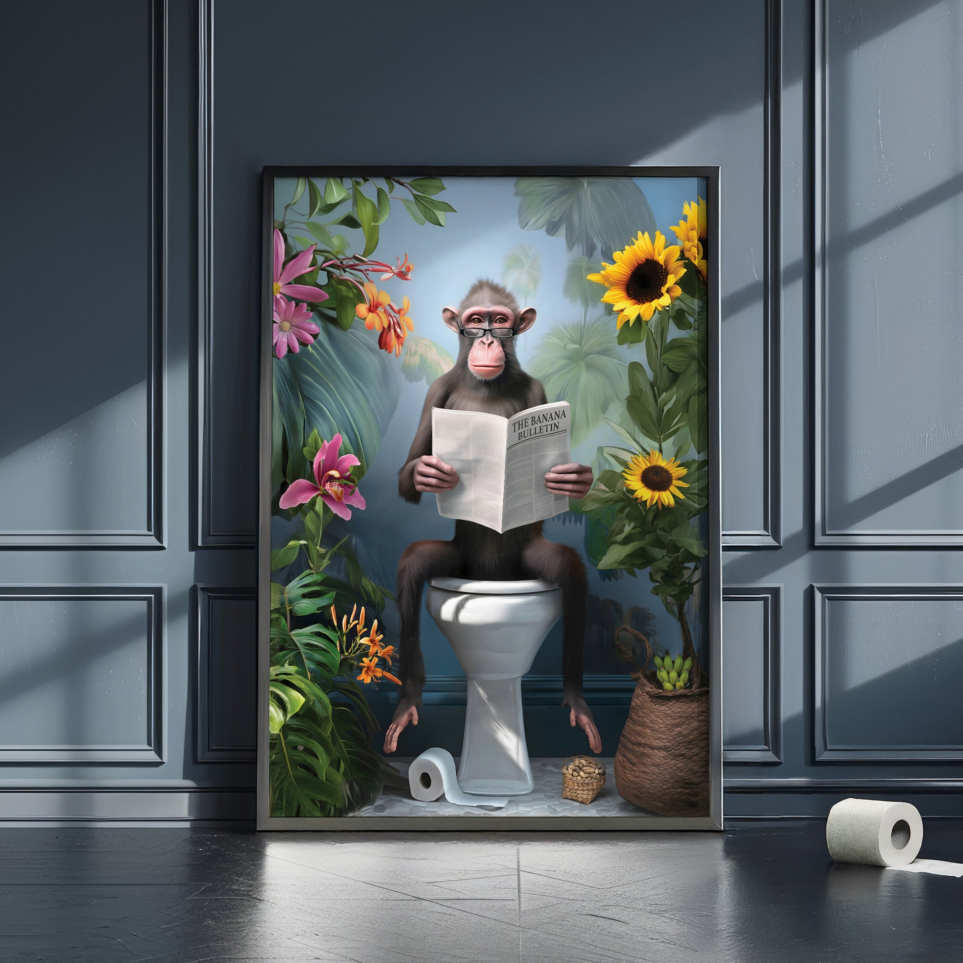 a painting of a monkey sitting on a toilet reading a newspaper