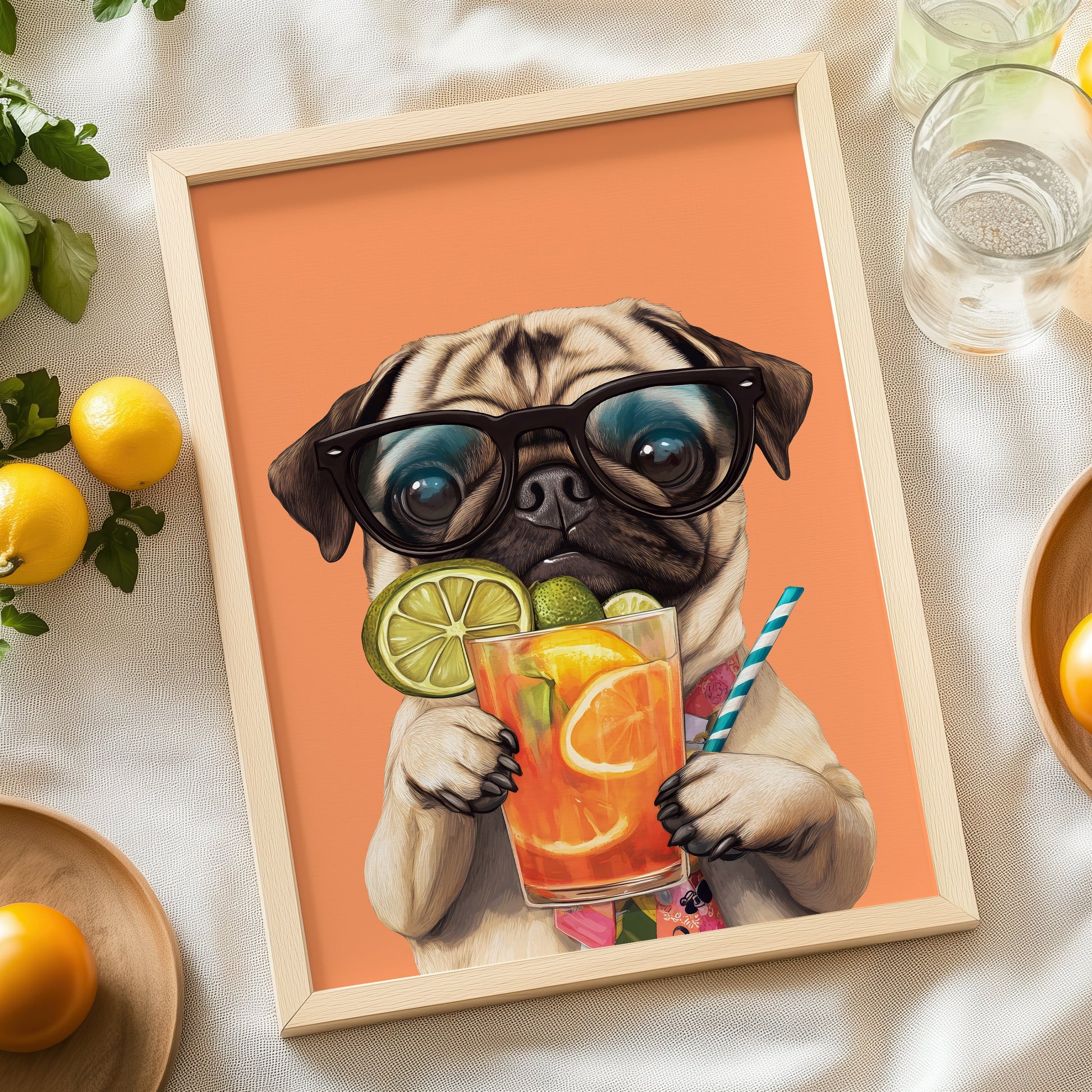 a painting of a pug dog holding a drink