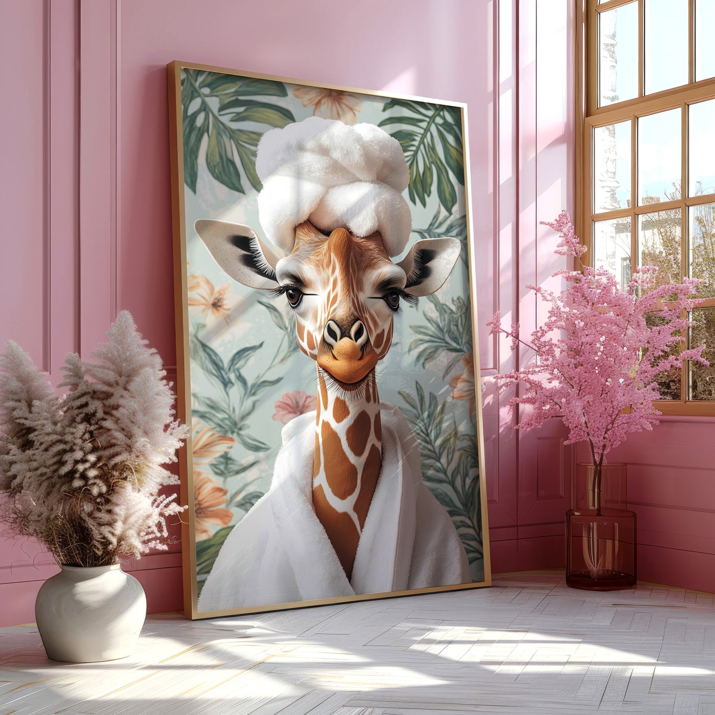 Giraffe in Robe Bathroom Print