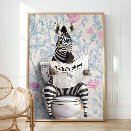 a zebra sitting on a toilet reading a newspaper