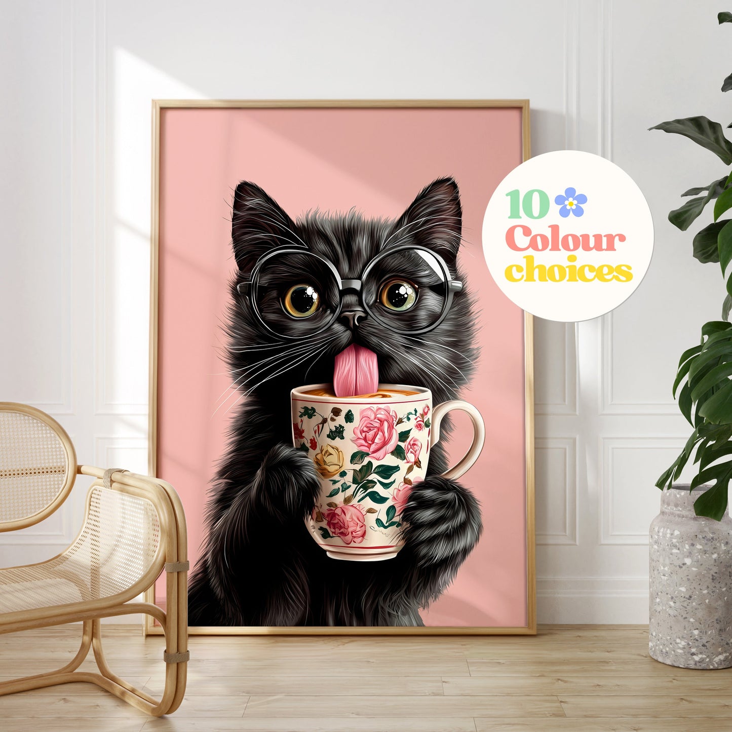 a picture of a black cat licking a coffee cup