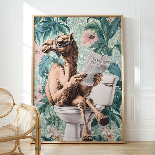 a painting of a dog sitting on a toilet reading a newspaper