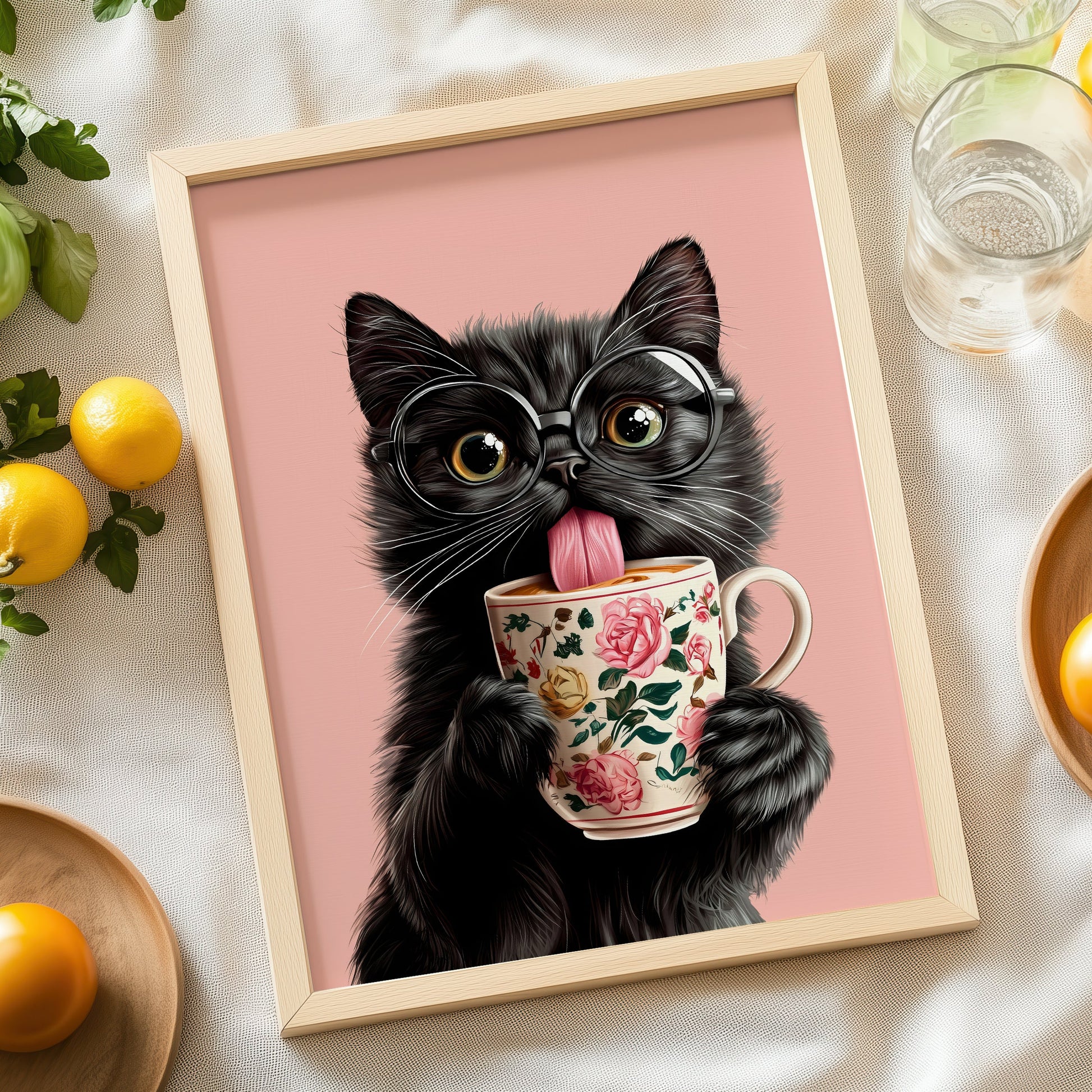 a picture of a black cat licking a coffee cup