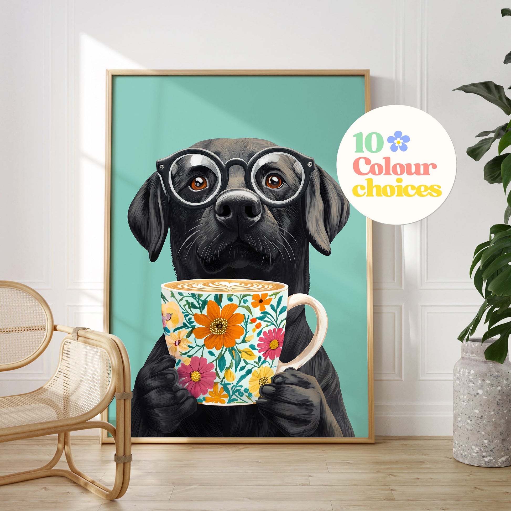 a picture of a dog with glasses holding a cup