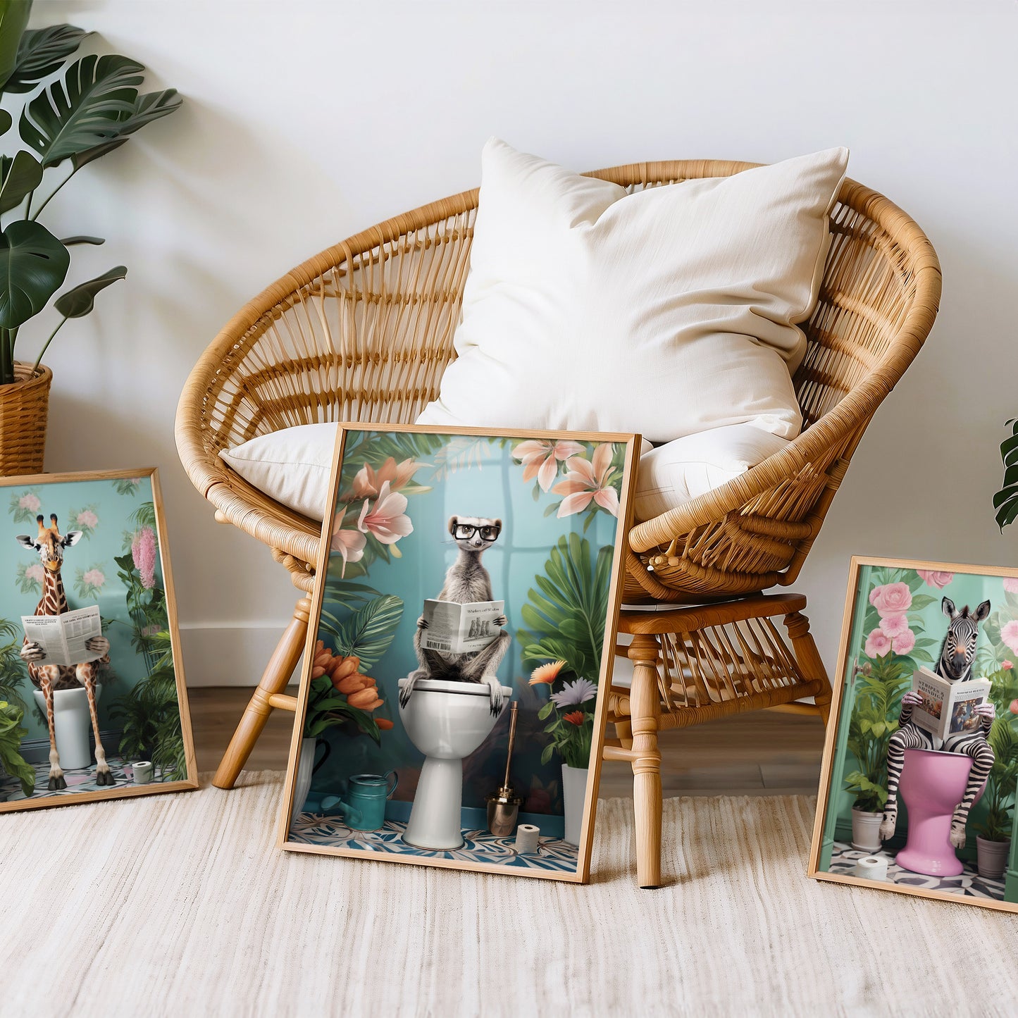 a wicker chair sitting next to a bunch of pictures