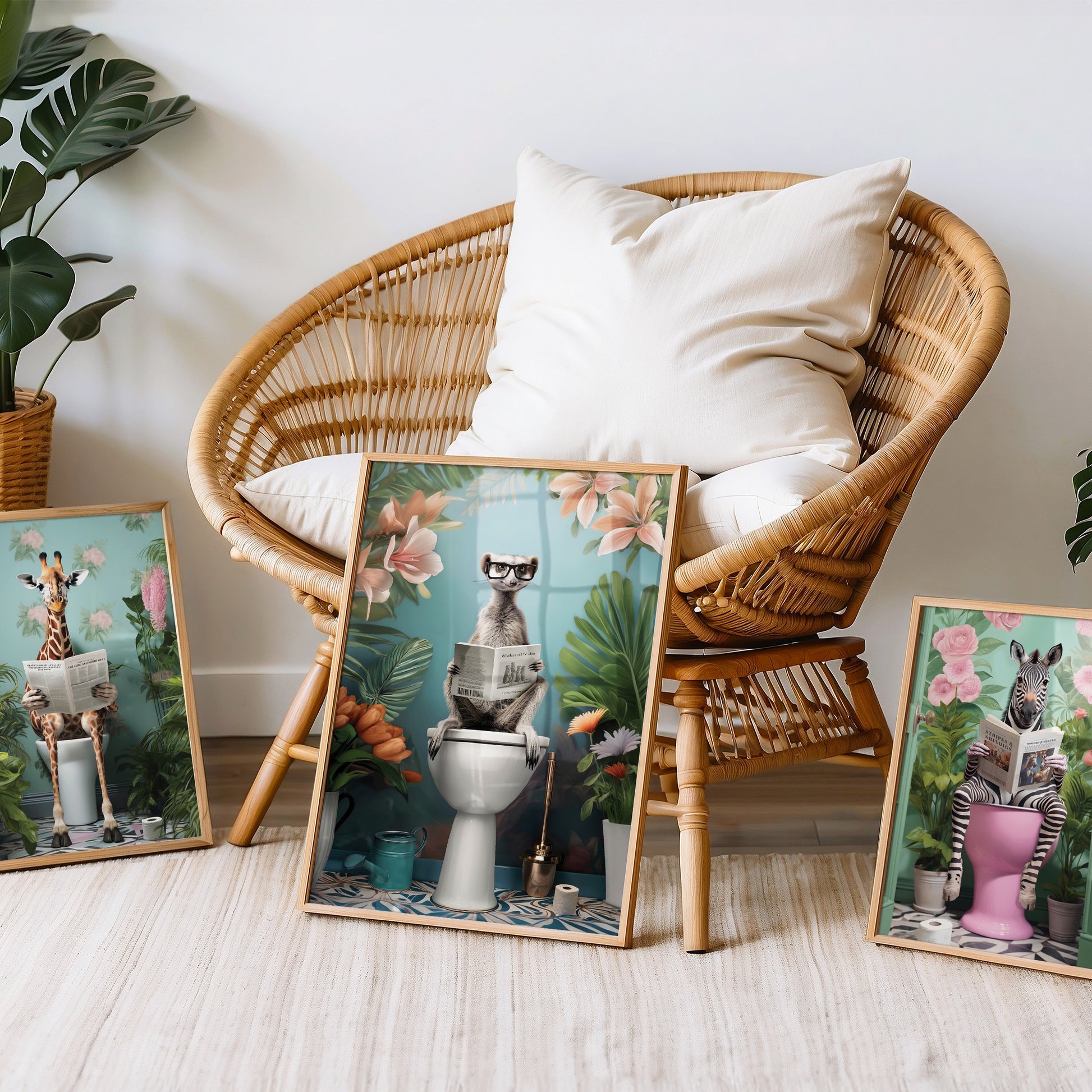 a wicker chair sitting next to a bunch of pictures