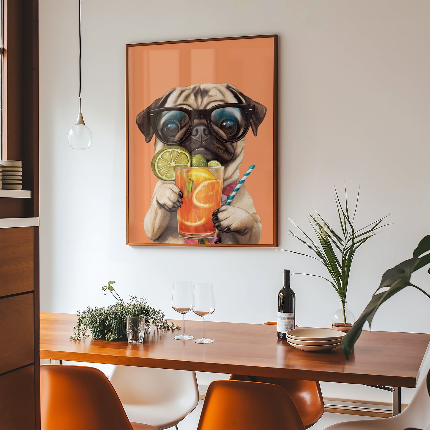 a painting of a pug dog holding a glass of orange juice