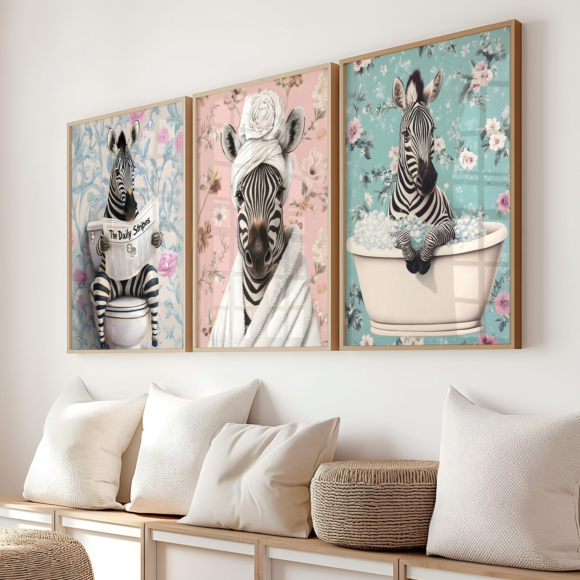 a couple of zebras are hanging on a wall