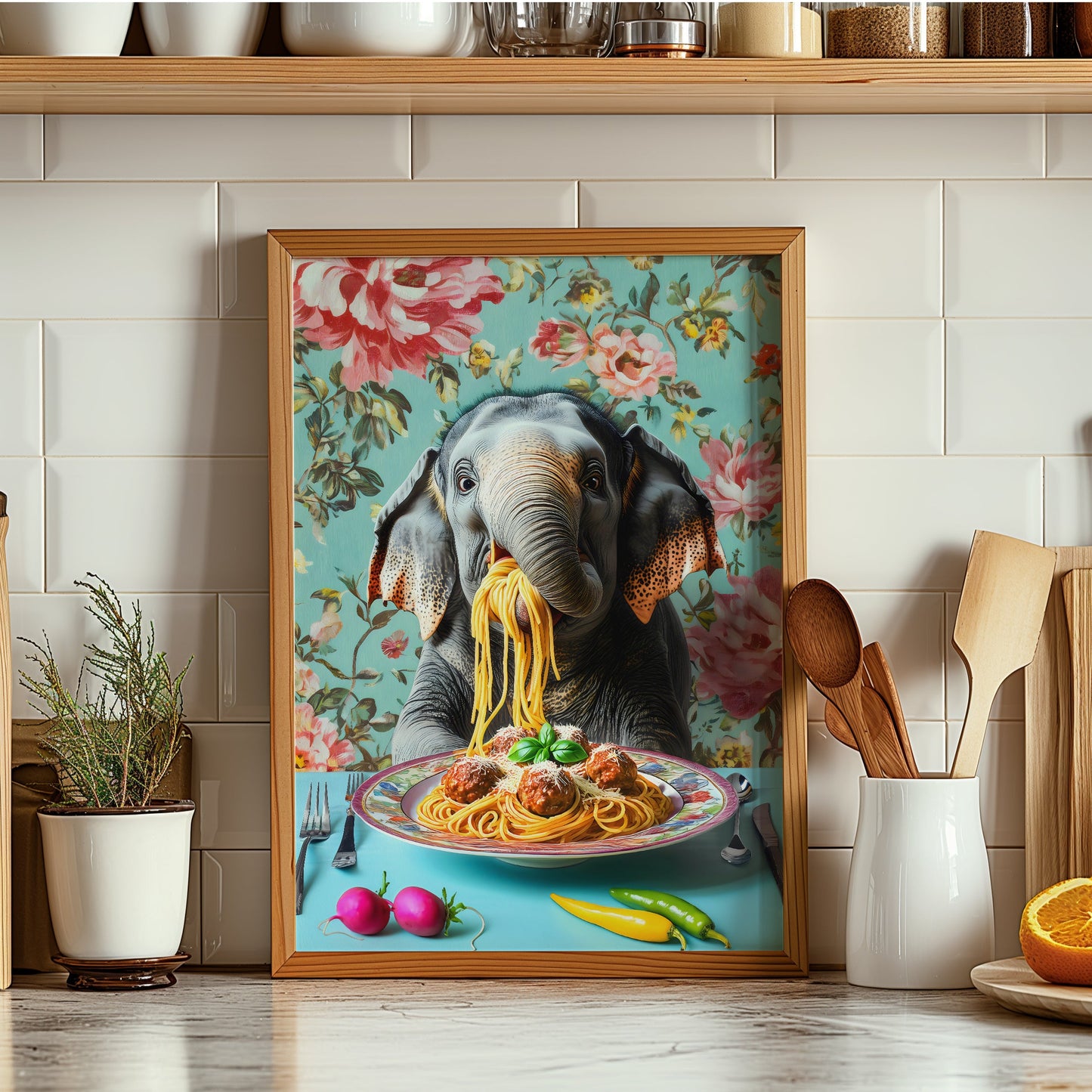 a painting of an elephant eating spaghetti from a plate