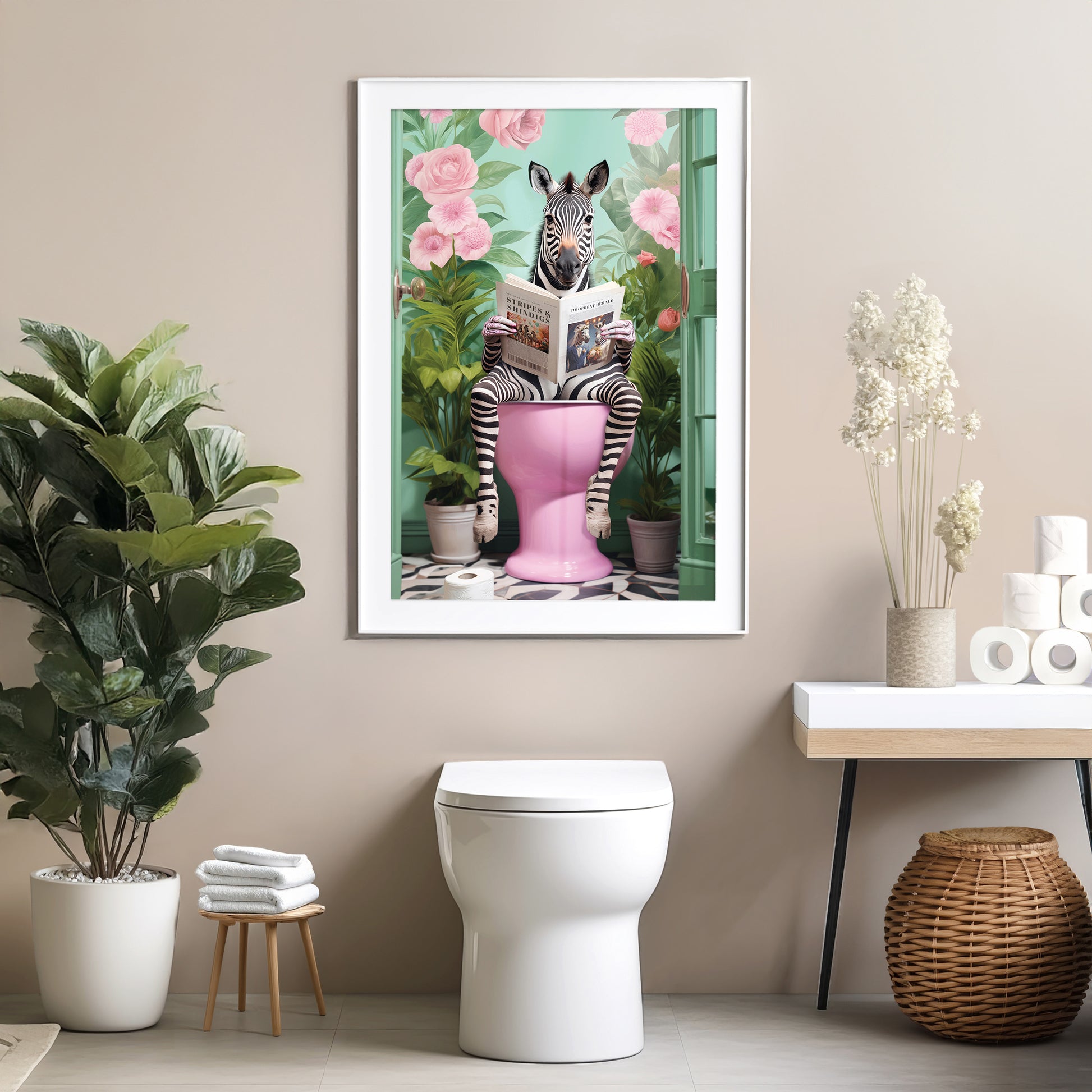 a picture of a zebra sitting on a toilet next to a potted plant