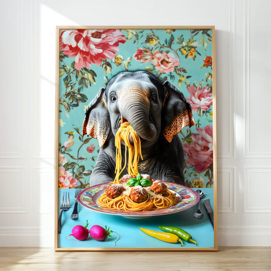 a painting of an elephant eating spaghetti from a plate