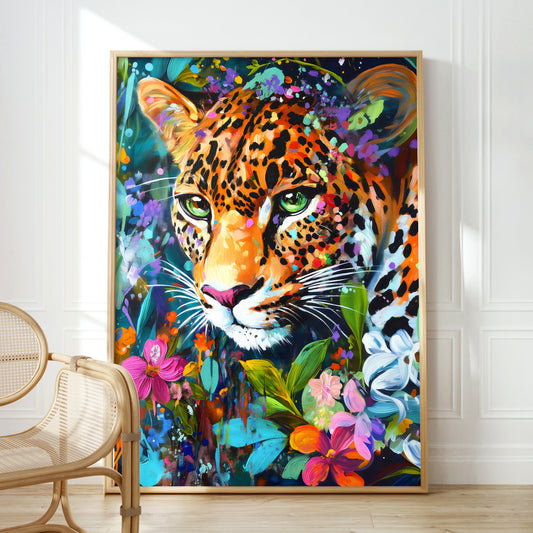 a painting of a leopard surrounded by flowers