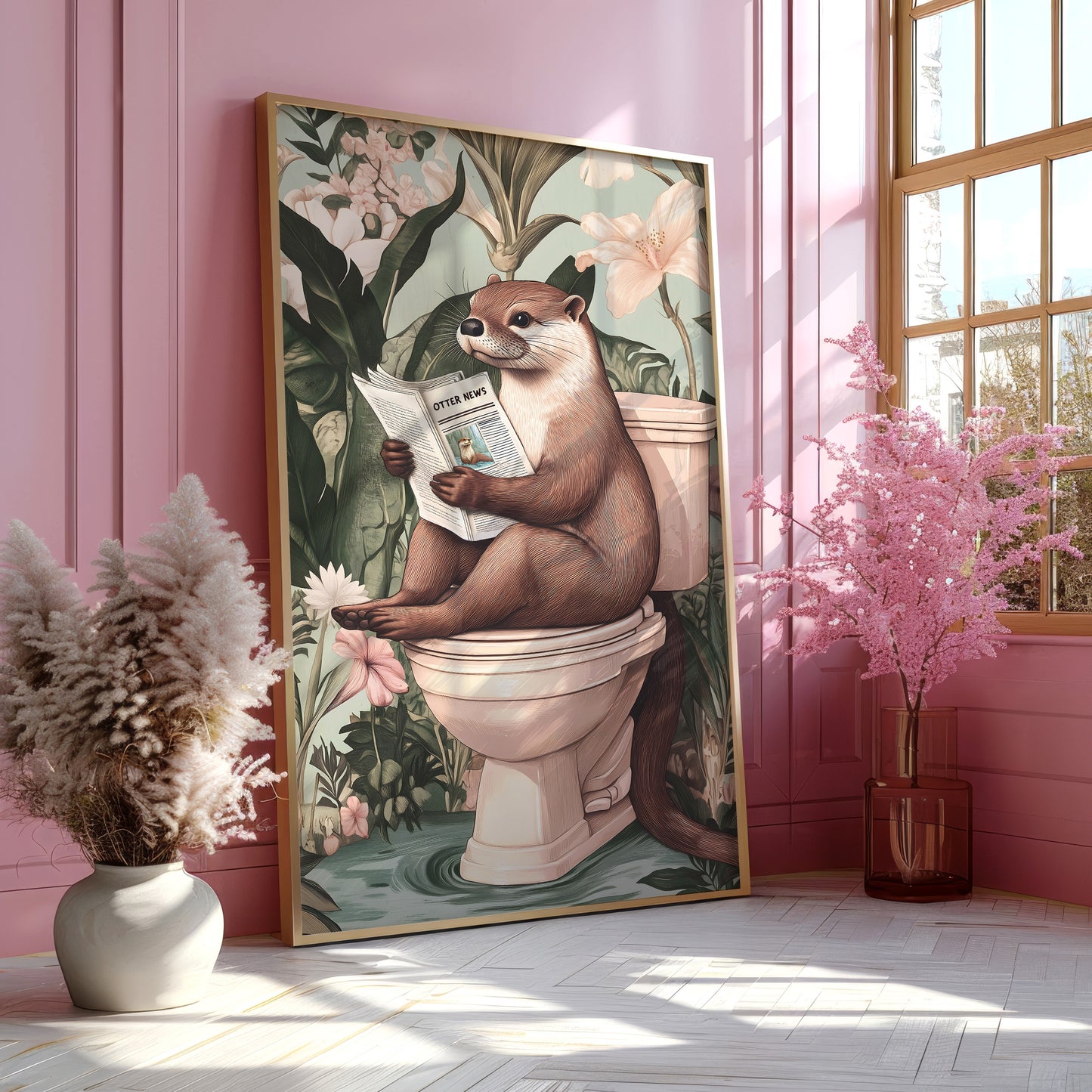 a painting of a beaver sitting on a toilet reading a magazine