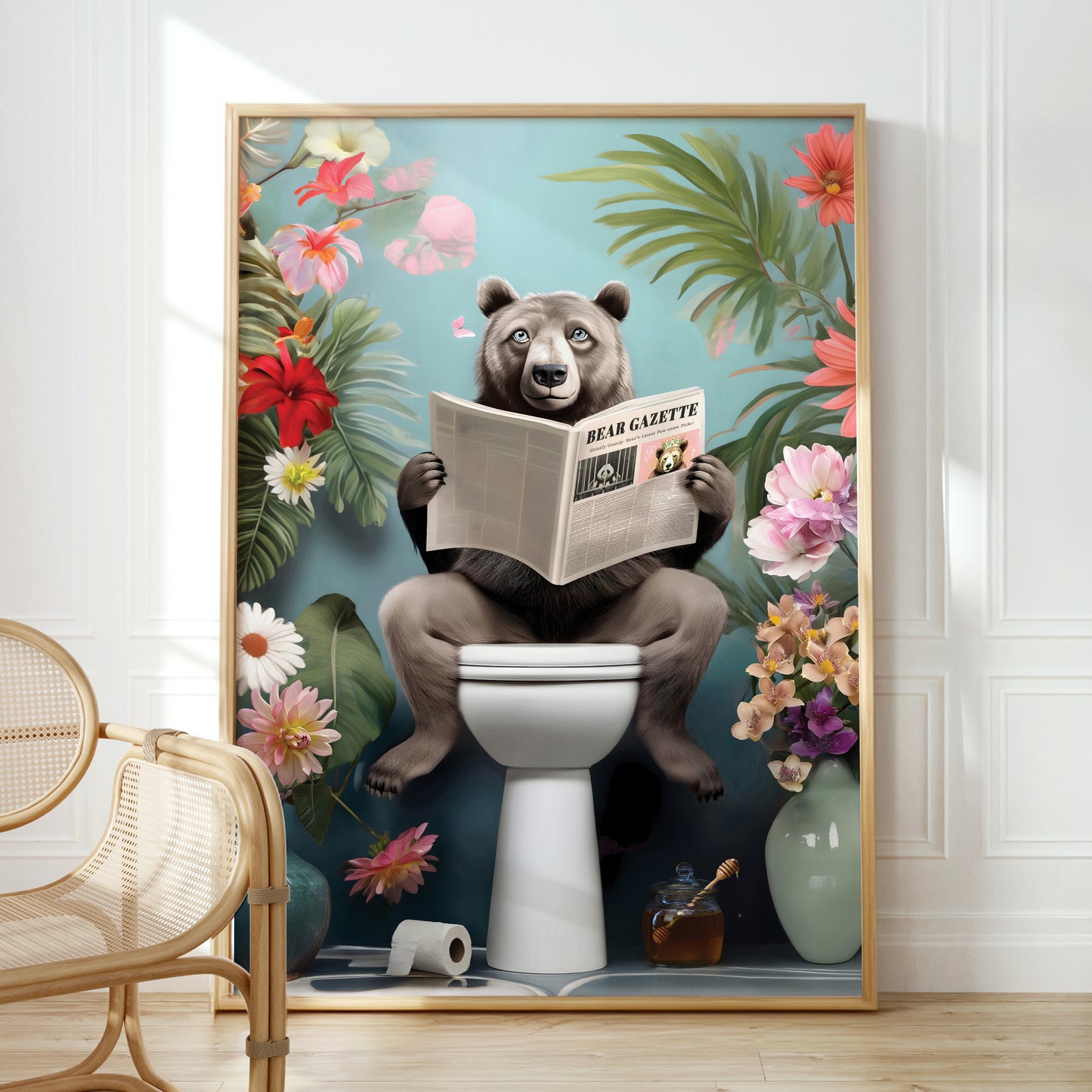 a picture of a bear sitting on a toilet reading a newspaper