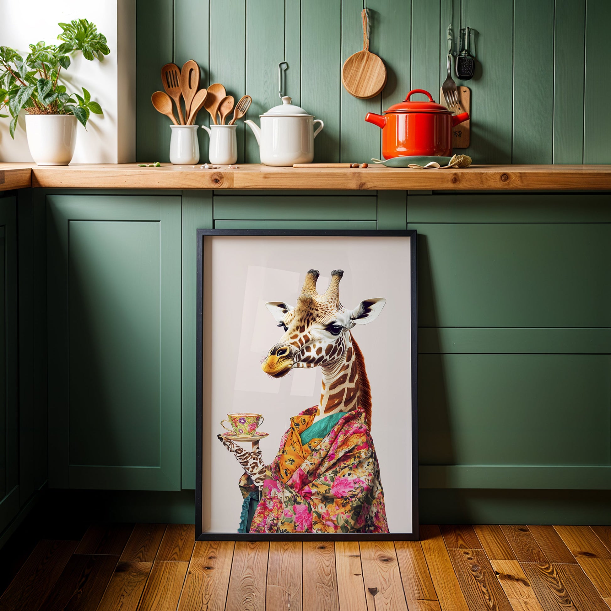 a picture of a giraffe in a kitchen