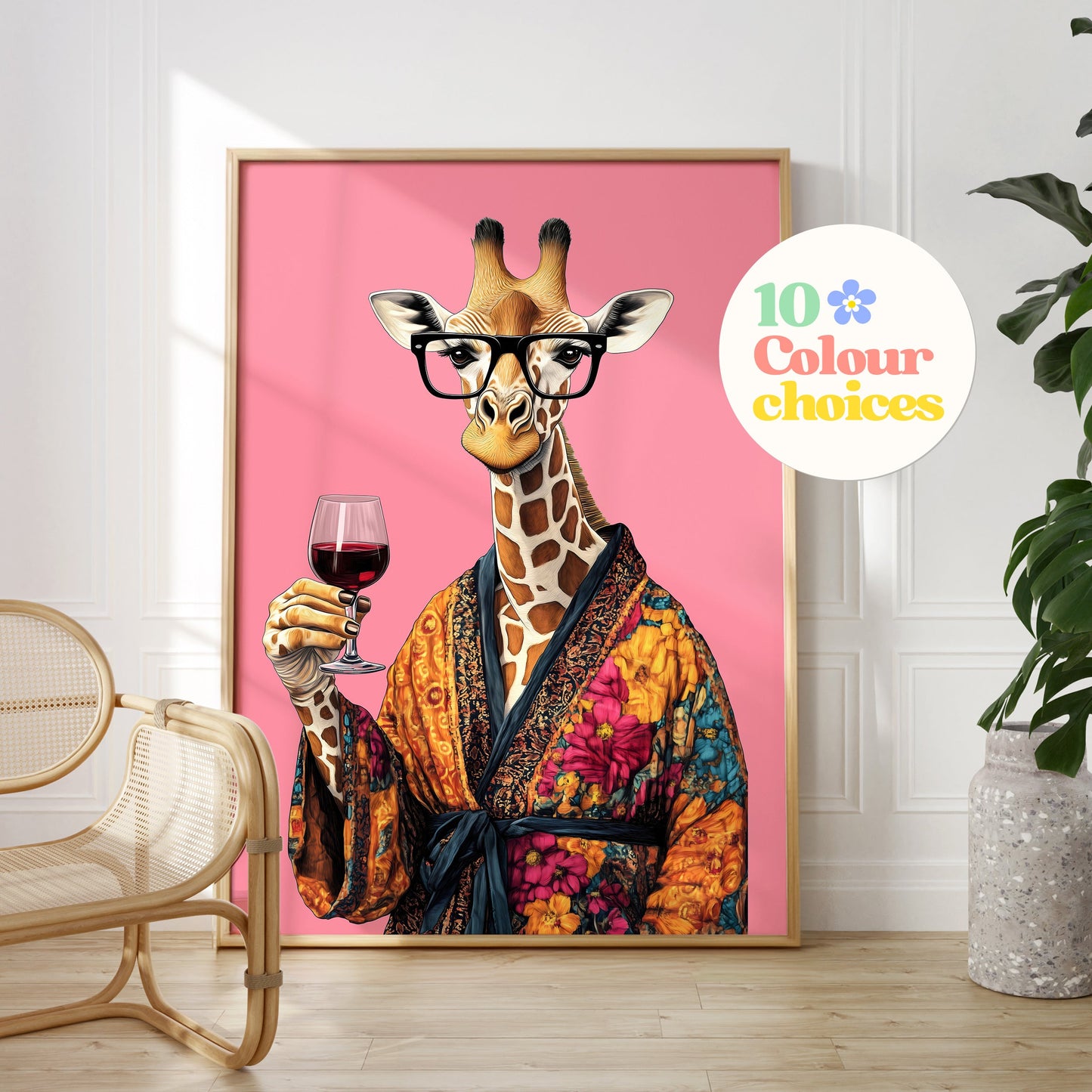 a giraffe wearing glasses holding a wine glass