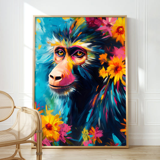 a painting of a monkey surrounded by flowers