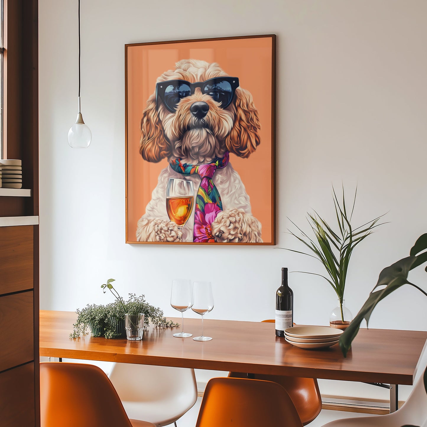 a painting of a dog wearing sunglasses and a tie