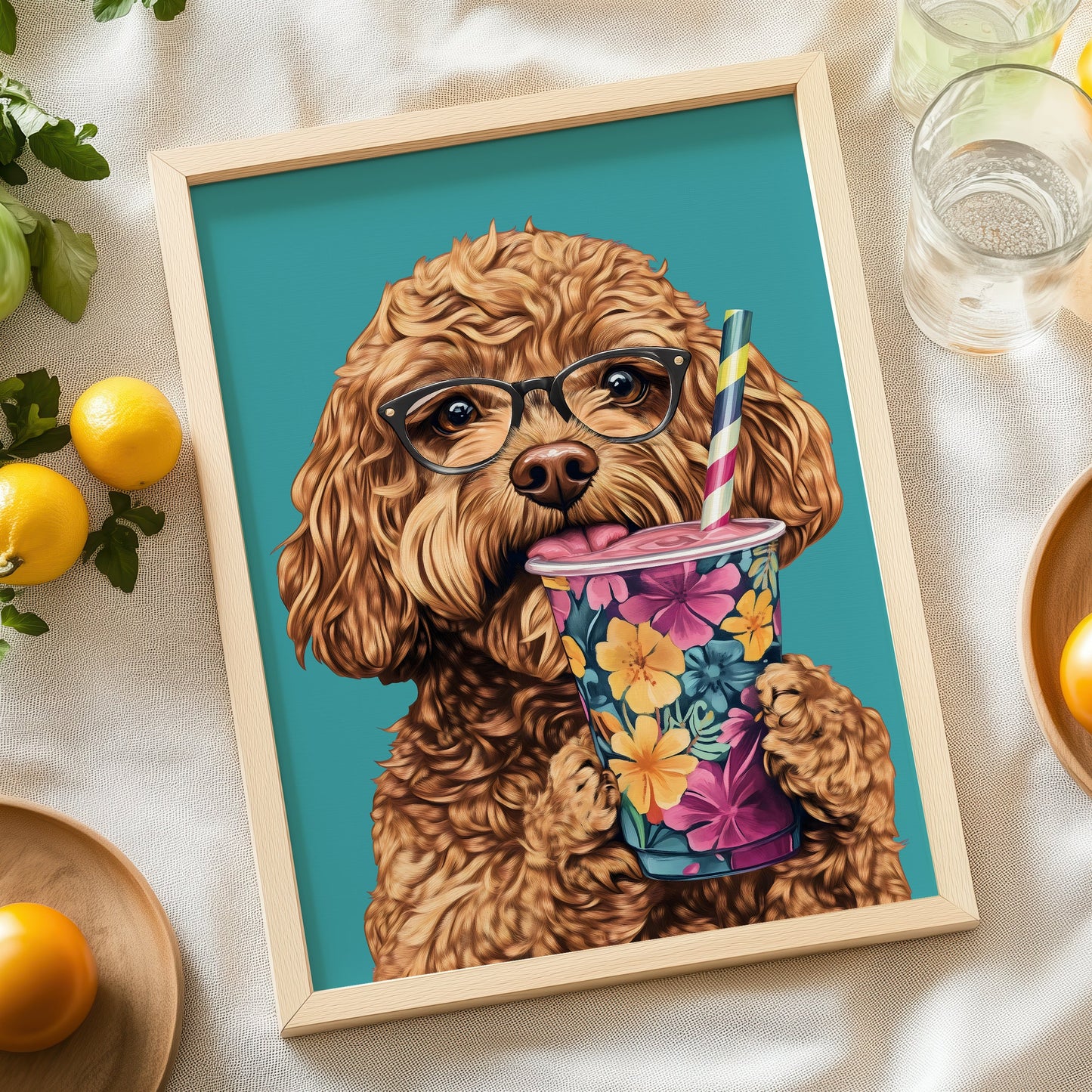 a picture of a dog with glasses and a drink