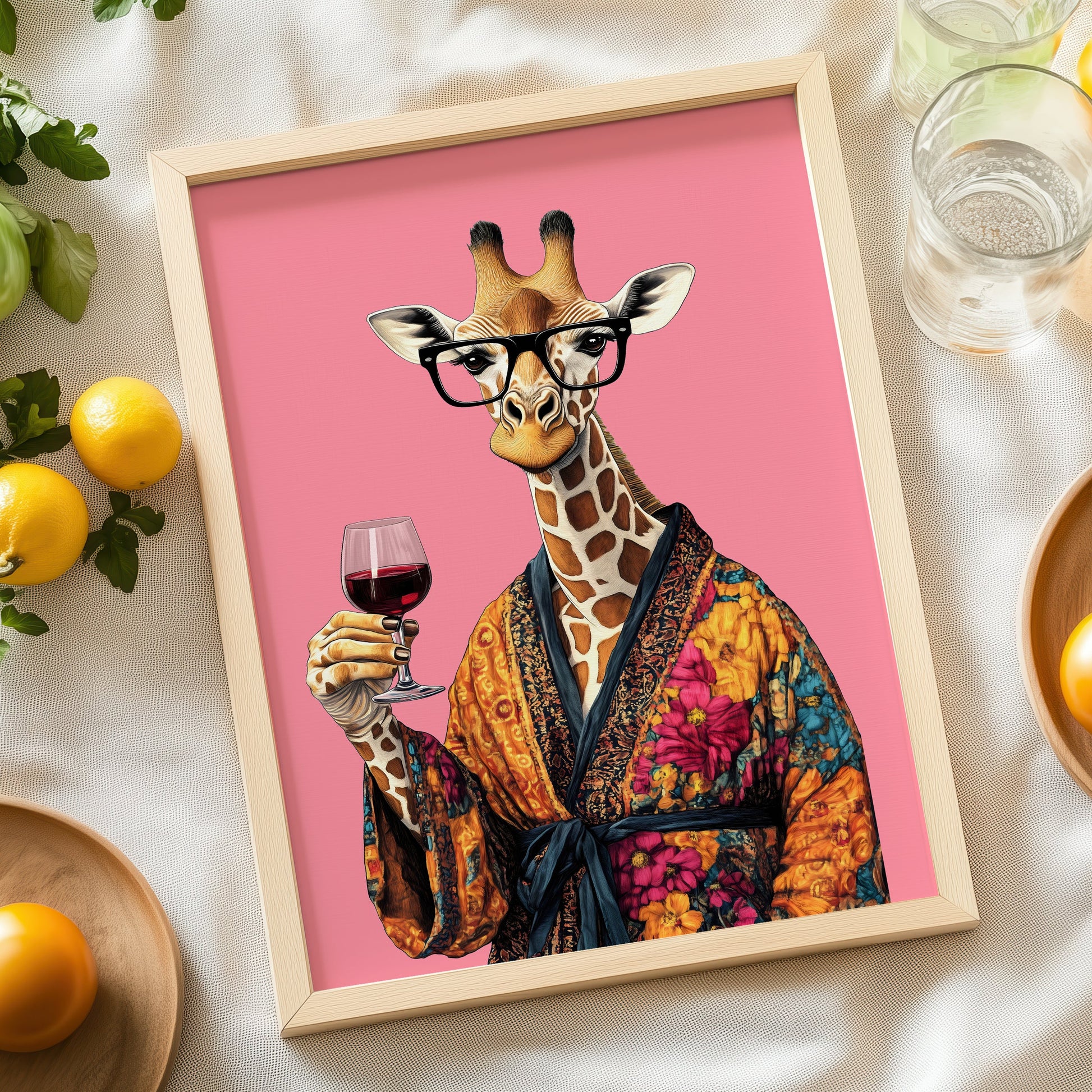 a picture of a giraffe holding a glass of wine