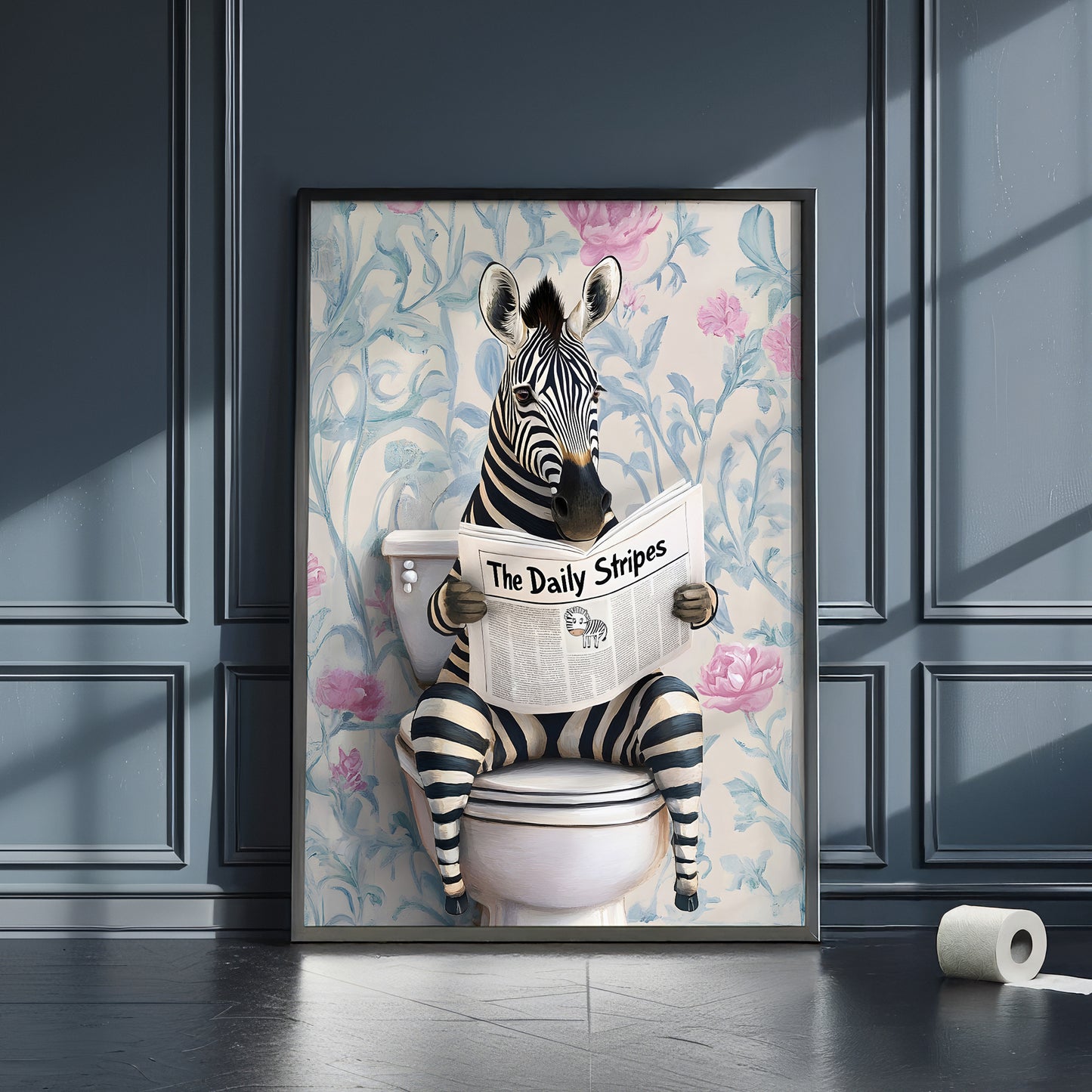 a picture of a zebra sitting on a toilet reading a newspaper