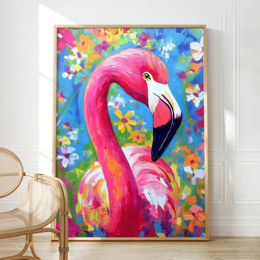 a painting of a pink flamingo in a white room