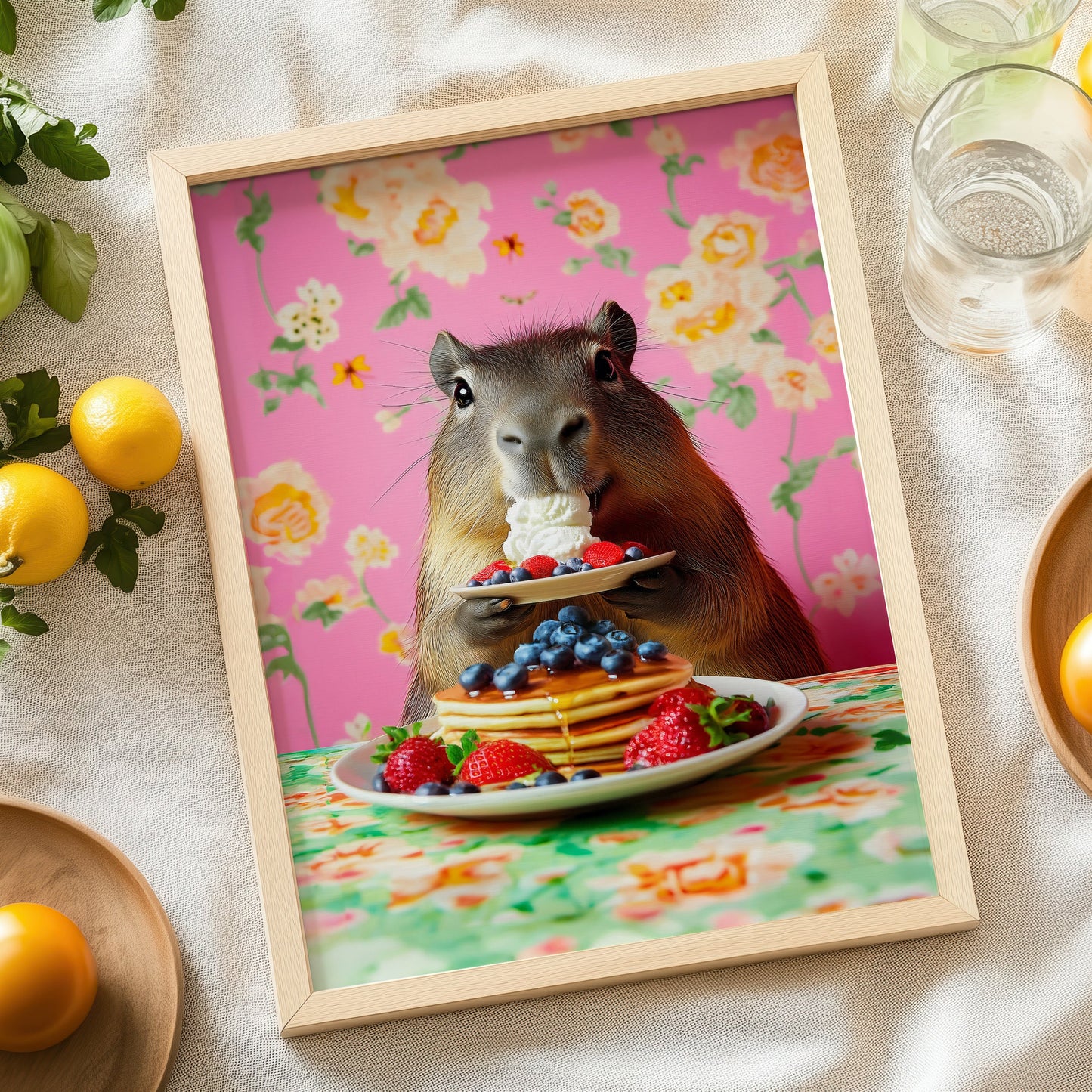 a picture of a capybara eating a stack of pancakes