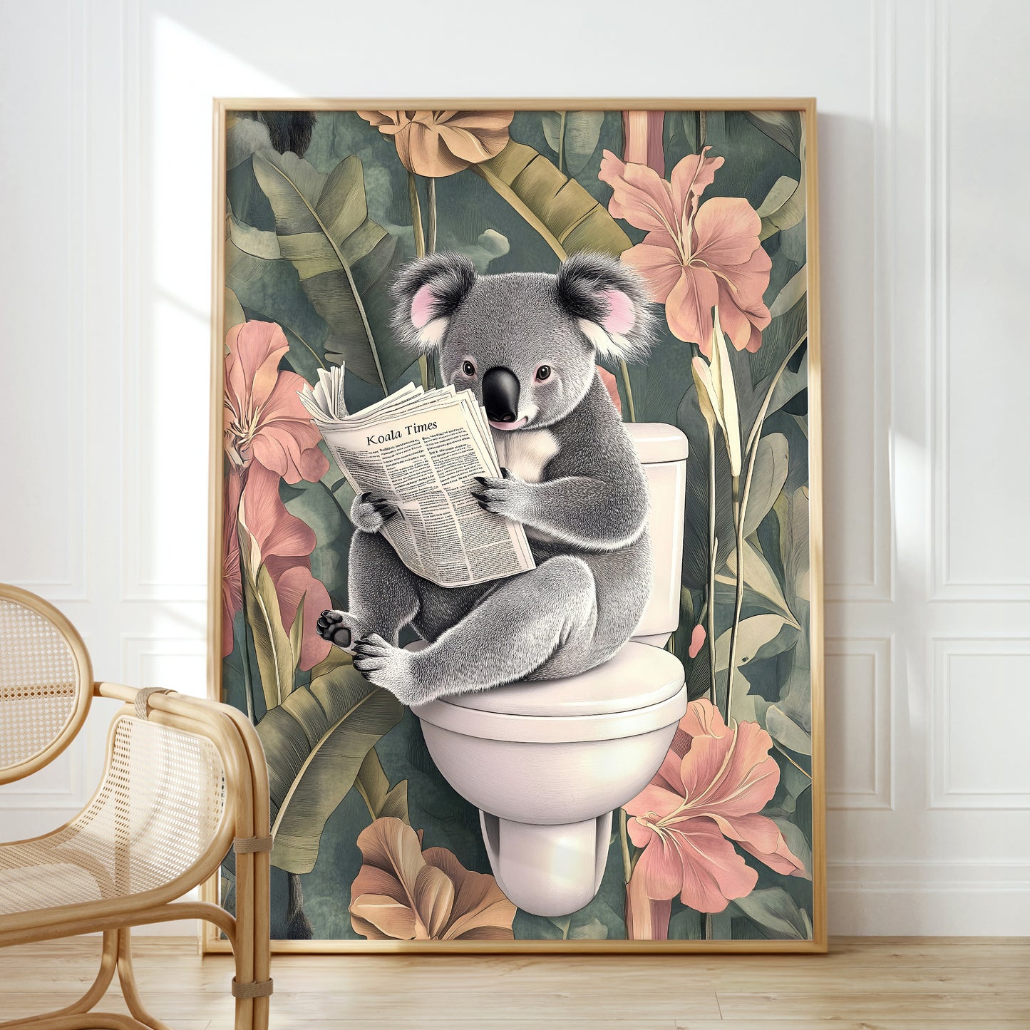 a picture of a koala sitting on a toilet reading a newspaper