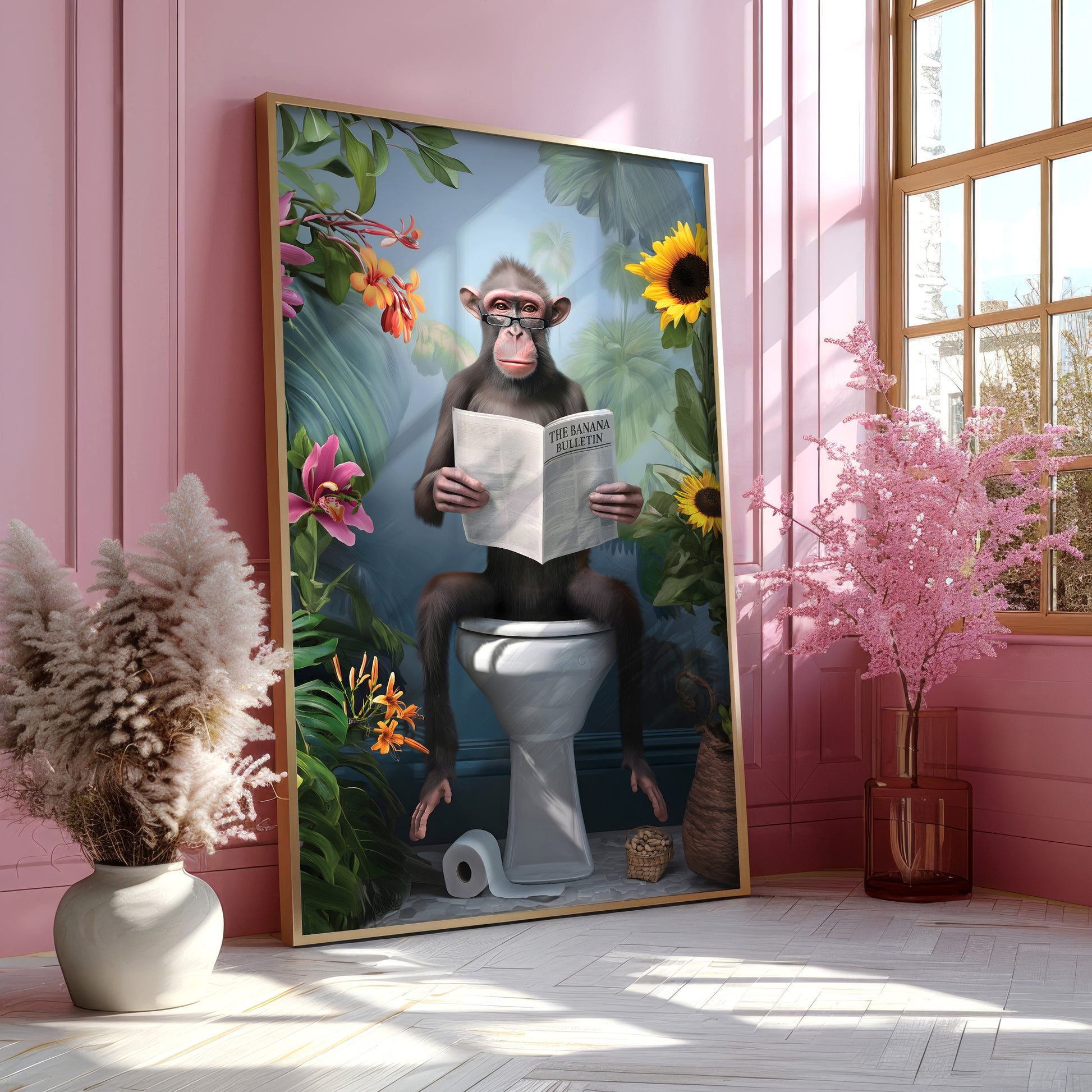 a painting of a monkey sitting on a toilet reading a newspaper