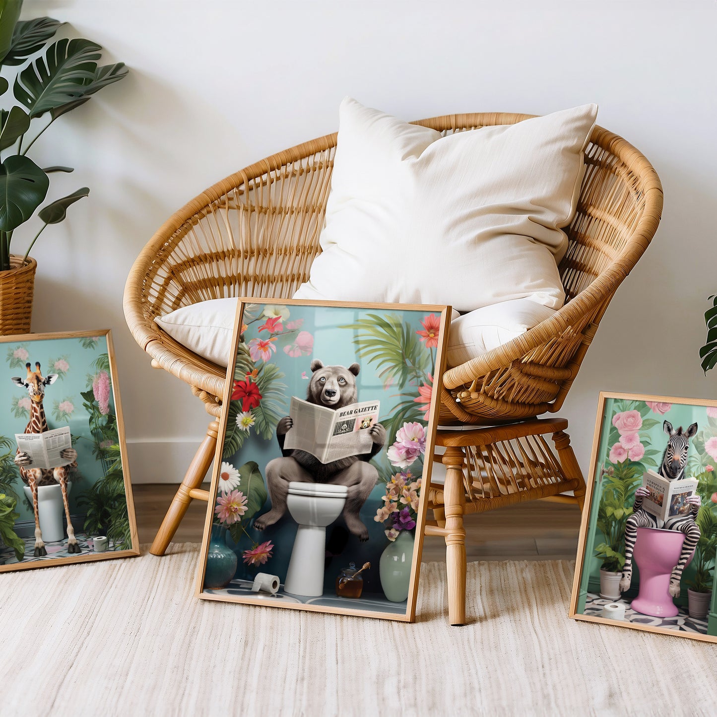 a wicker chair sitting next to a bunch of pictures