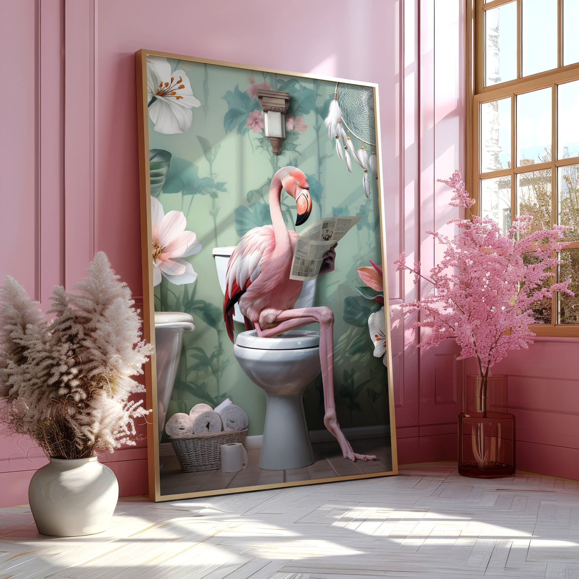 a picture of a pink flamingo sitting on a toilet