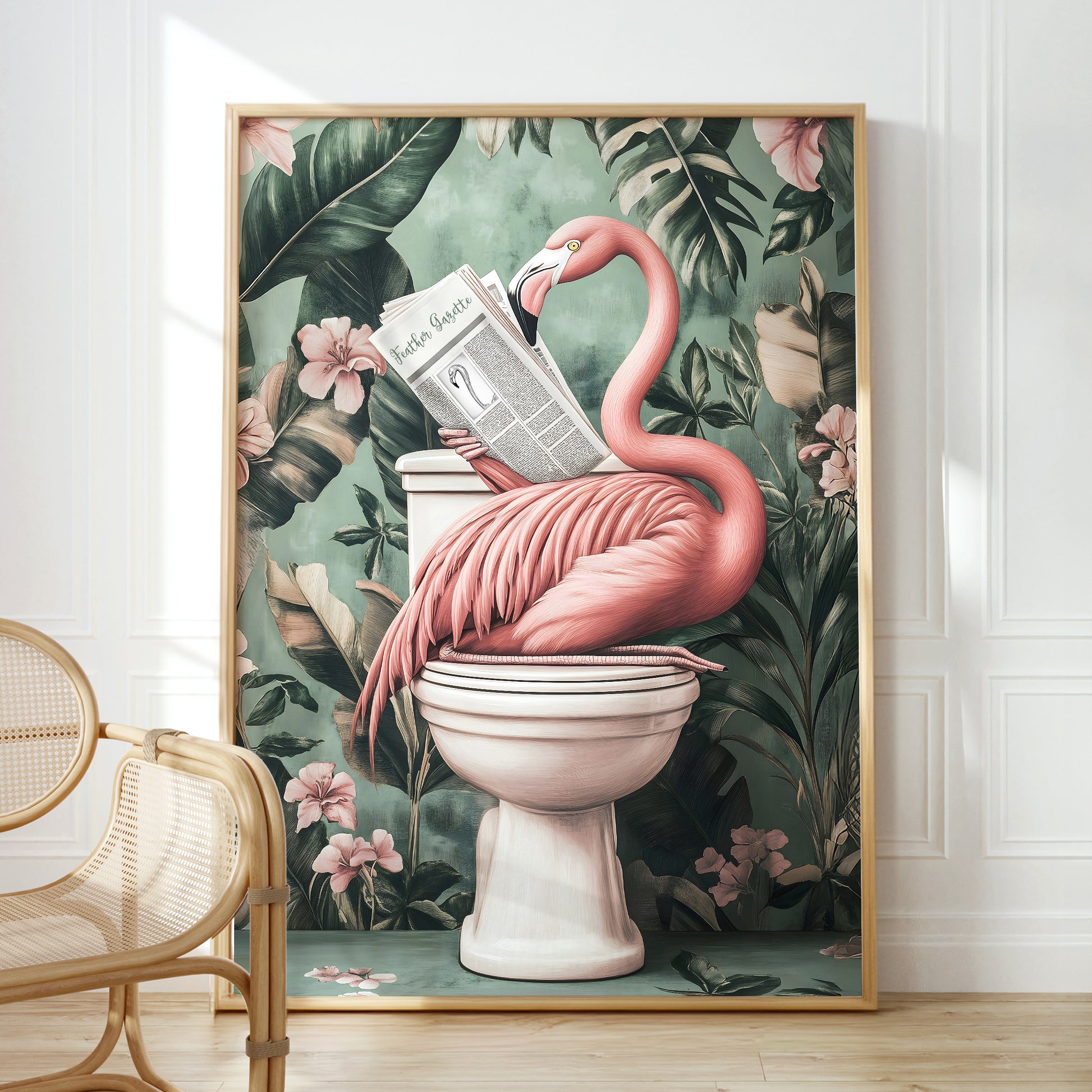 a pink flamingo sitting on top of a toilet