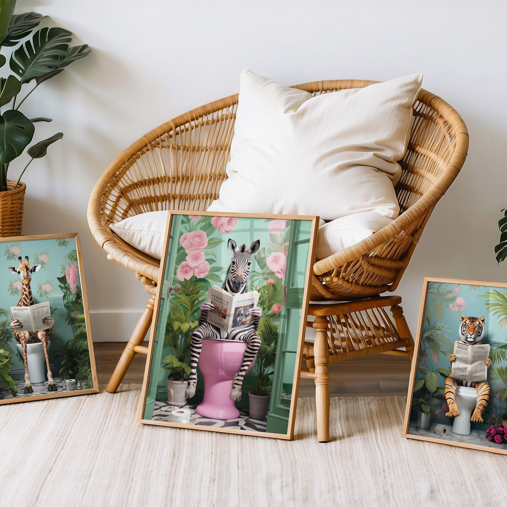 a wicker chair sitting next to a bunch of pictures