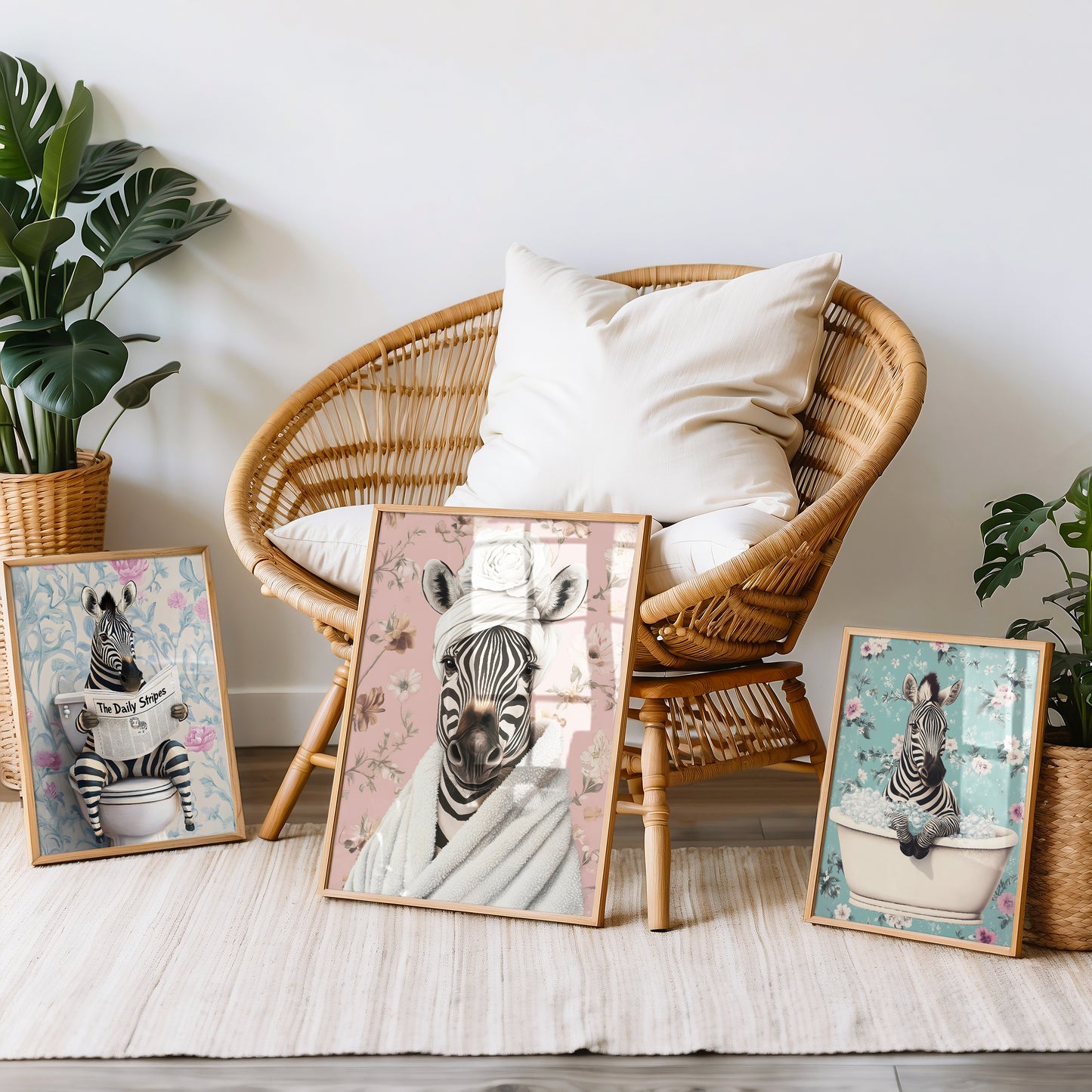 a wicker chair sitting next to a group of framed pictures