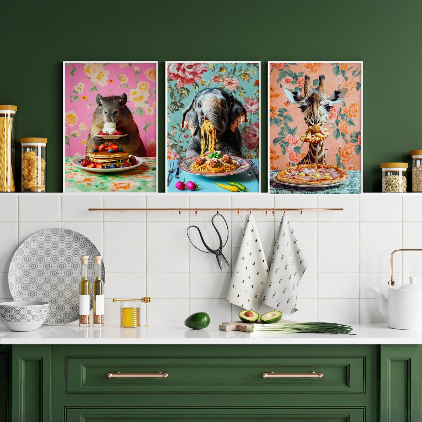 a kitchen with green cabinets and artwork on the wall