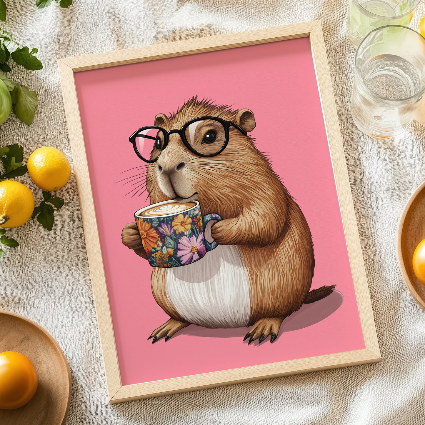 a painting of a rodent holding a cup of coffee