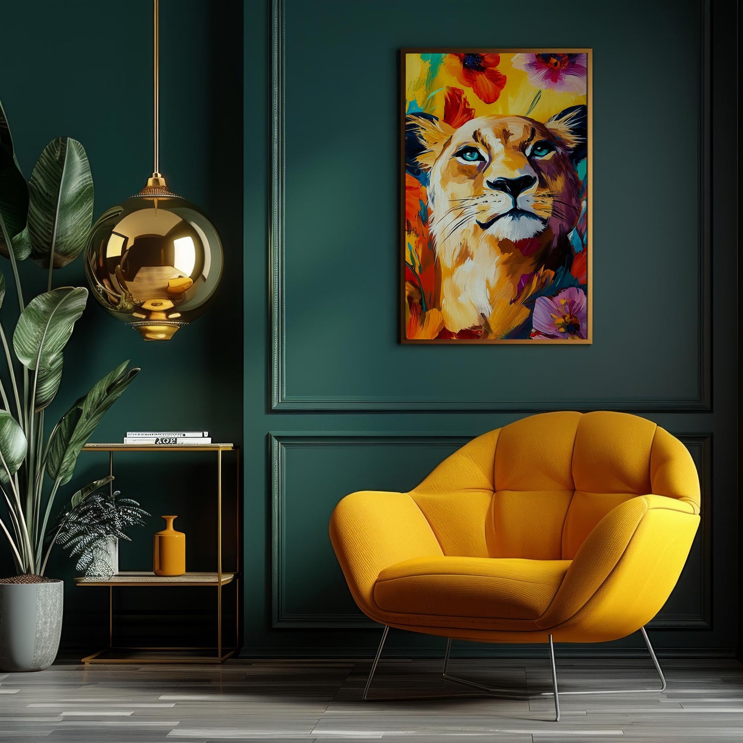 a living room with green walls and a yellow chair