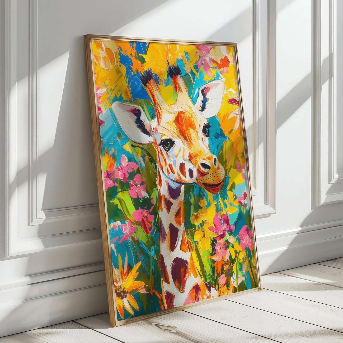 a painting of a giraffe in a room