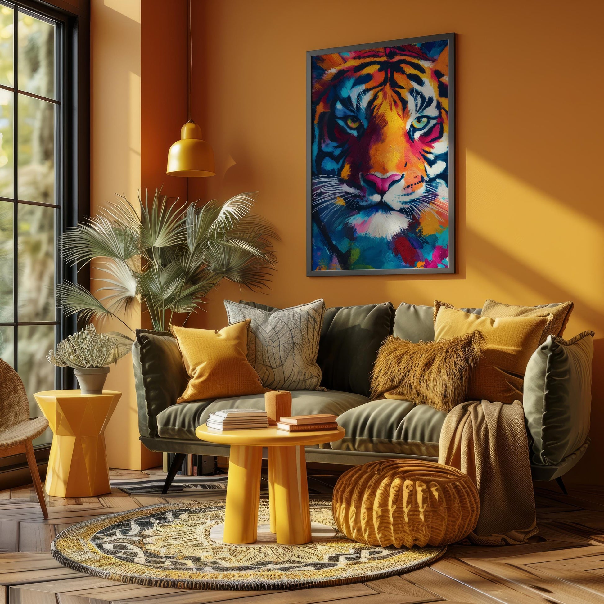 a living room with a tiger painting on the wall