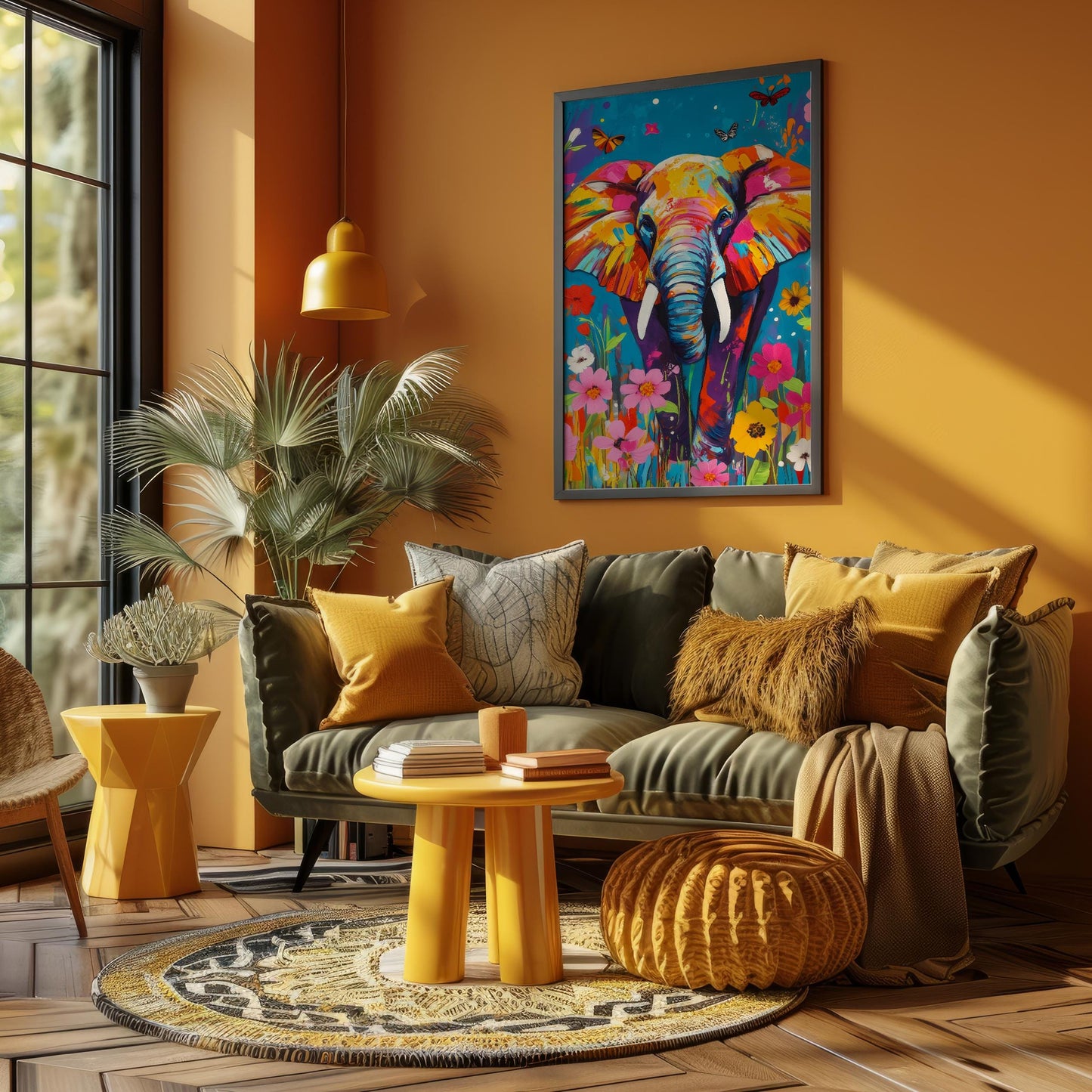 a living room with an elephant painting on the wall