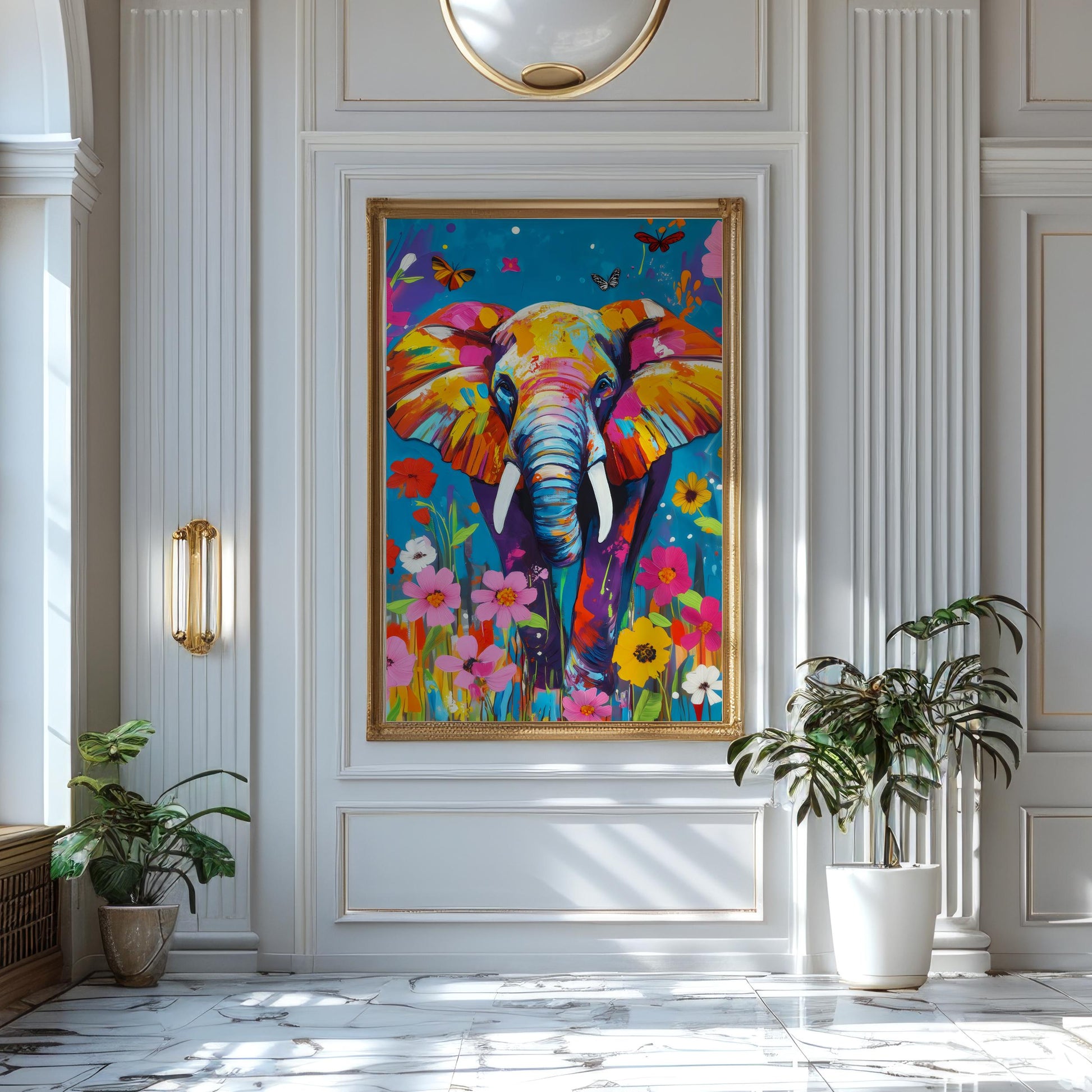 a painting of an elephant in a white room