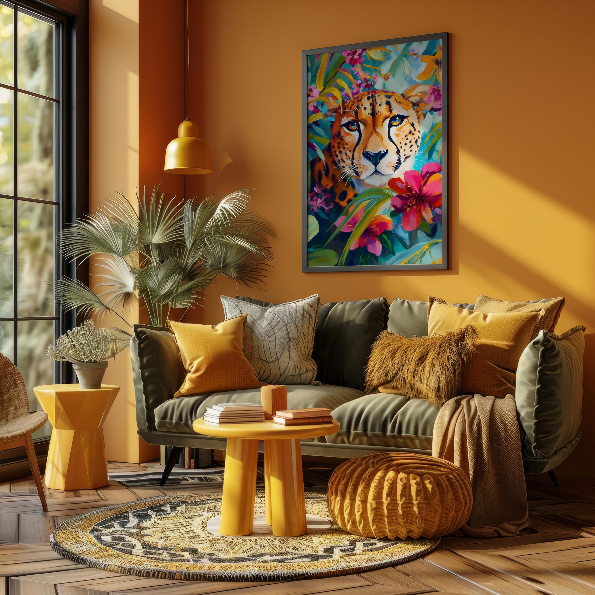 a living room filled with furniture and a painting on the wall