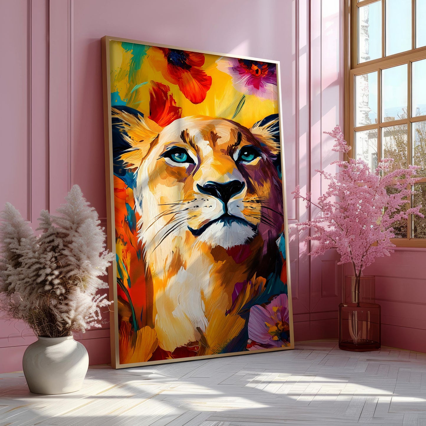 a painting of a lion on a pink wall