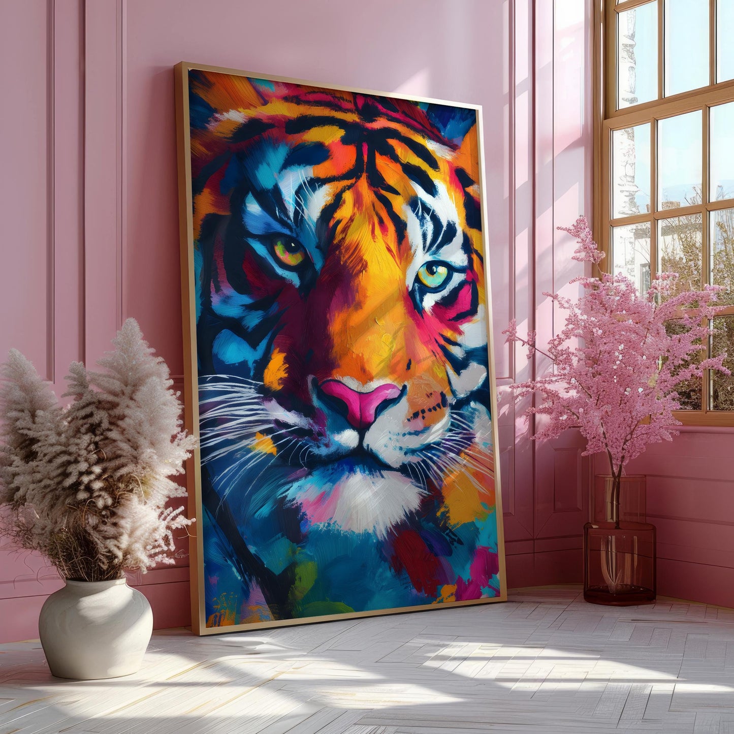 a painting of a tiger on a pink wall